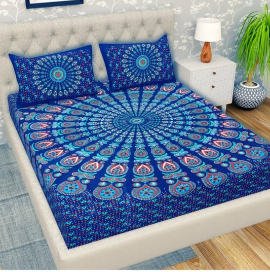 Jaipuri Screen Printed Cotton Double Bed Sheet with 2 Pillow Covers – 90x100 Size