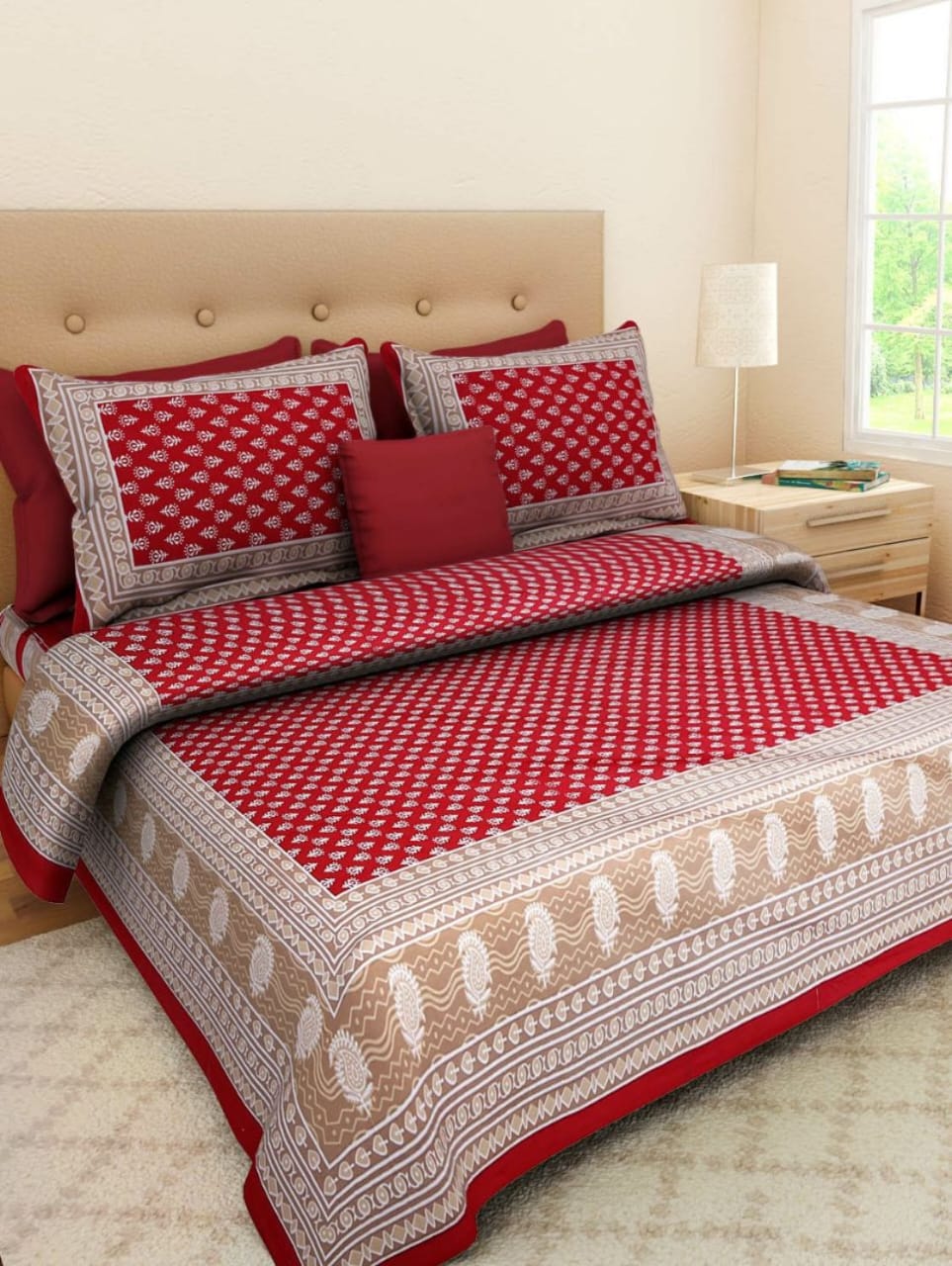 Jaipuri Screen Printed Cotton Double Bed Sheet with 2 Pillow Covers – 90x100 Size