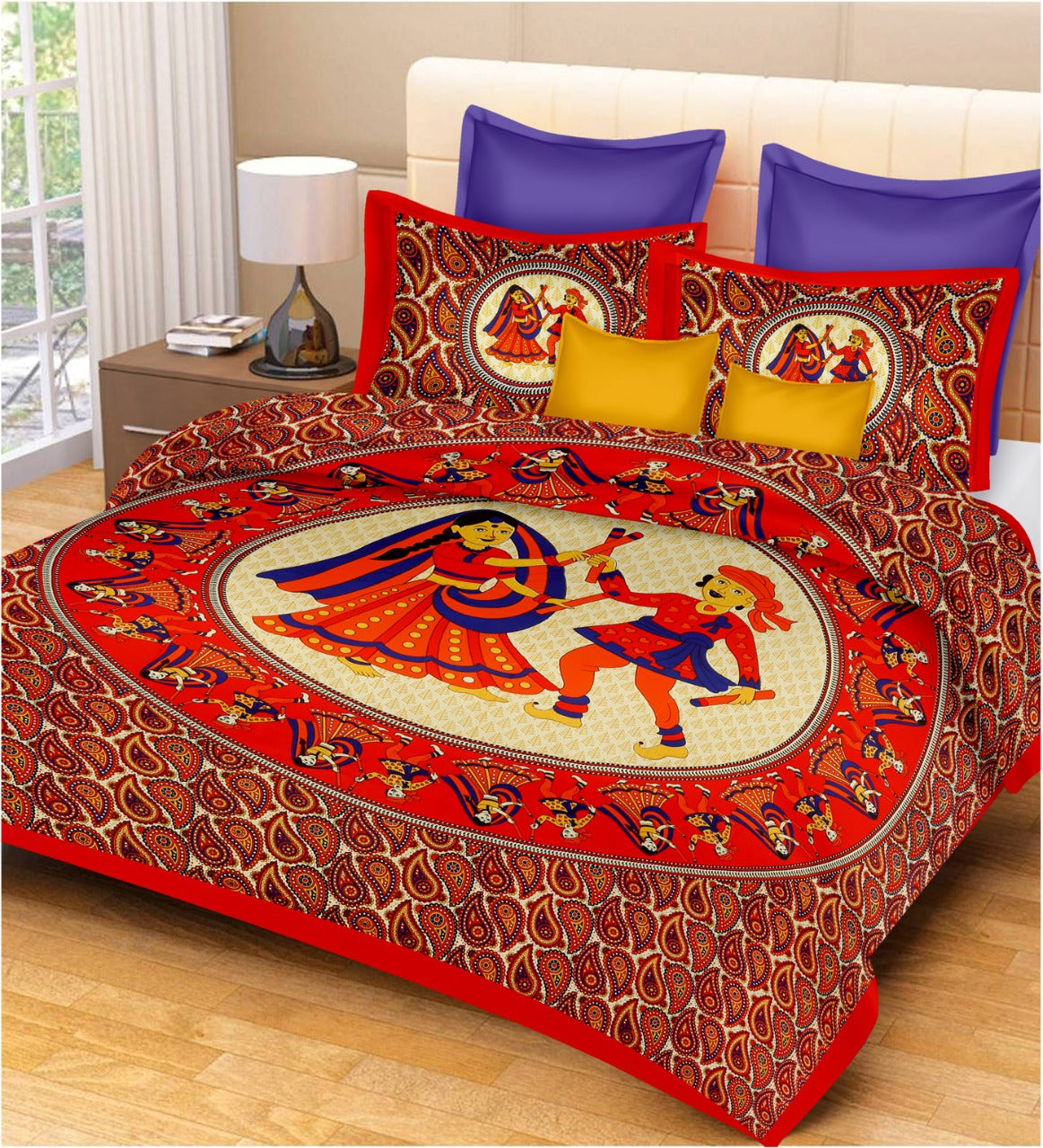 Jaipuri Screen Printed Cotton Double Bed Sheet with 2 Pillow Covers – 90x100 Size