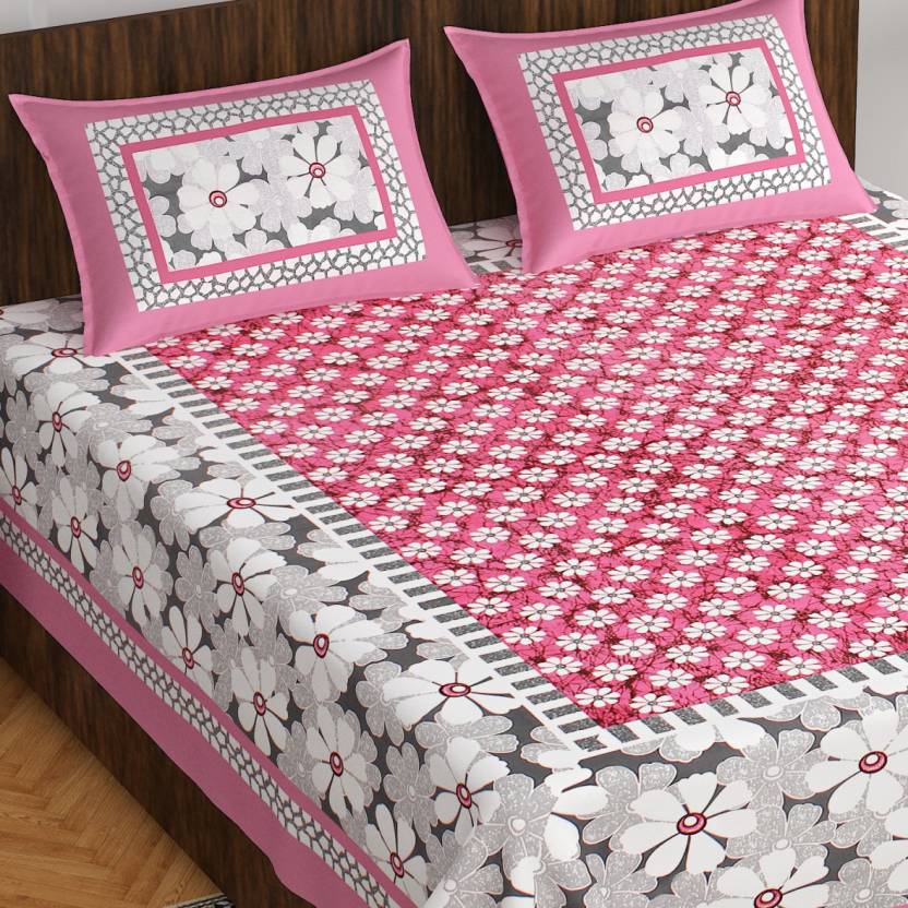 Jaipuri Screen Printed Cotton Double Bed Sheet with 2 Pillow Covers – 90x100 Size