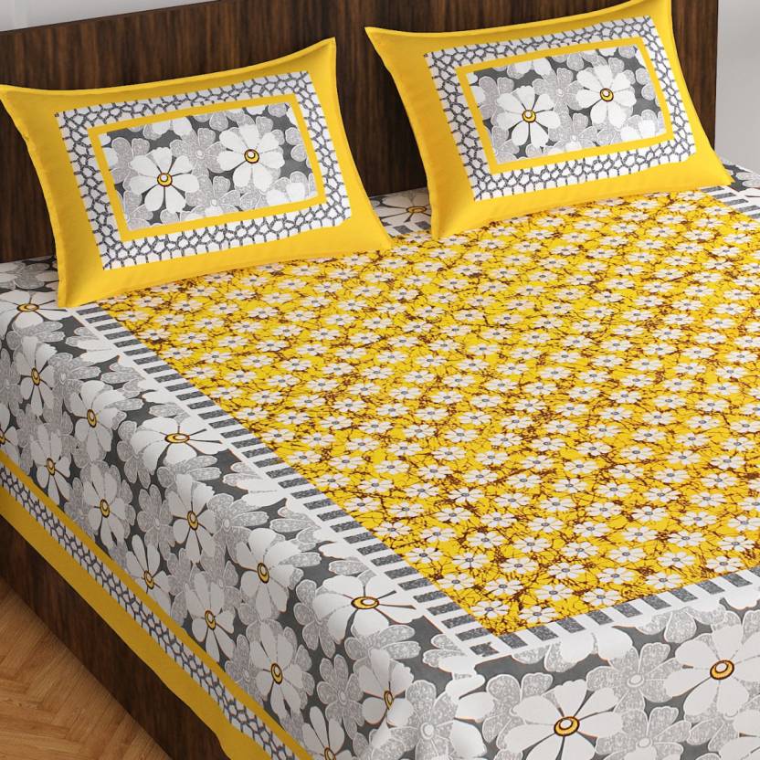 Jaipuri Screen Printed Cotton Double Bed Sheet with 2 Pillow Covers – 90x100 Size