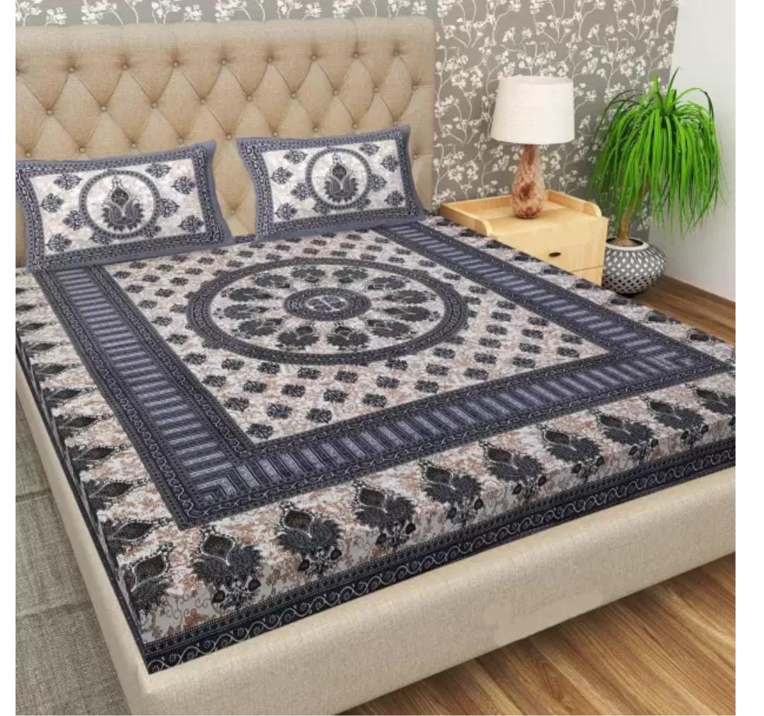 Jaipuri Screen Printed Cotton Double Bed Sheet with 2 Pillow Covers – 90x100 Size