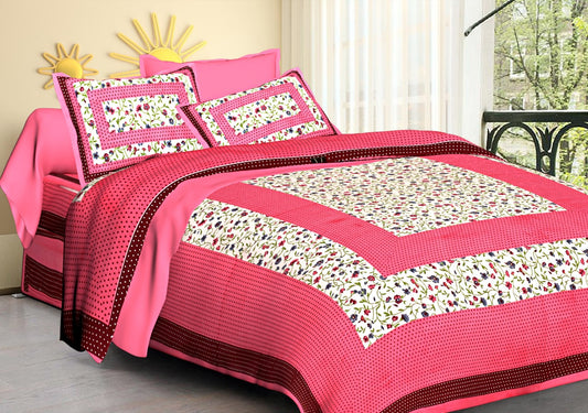 Jaipuri Screen Printed Cotton Double Bed Sheet with 2 Pillow Covers – 90x100 Size