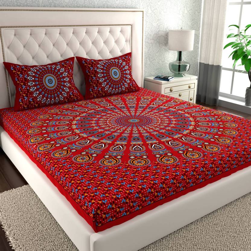 Jaipuri Screen Printed Cotton Double Bed Sheet with 2 Pillow Covers – 90x100 Size
