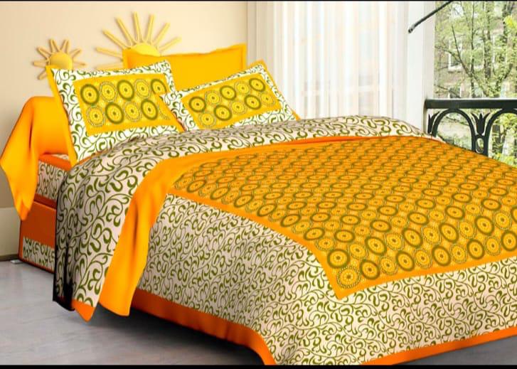 Jaipuri Screen Printed Cotton Double Bed Sheet with 2 Pillow Covers – 90x100 Size