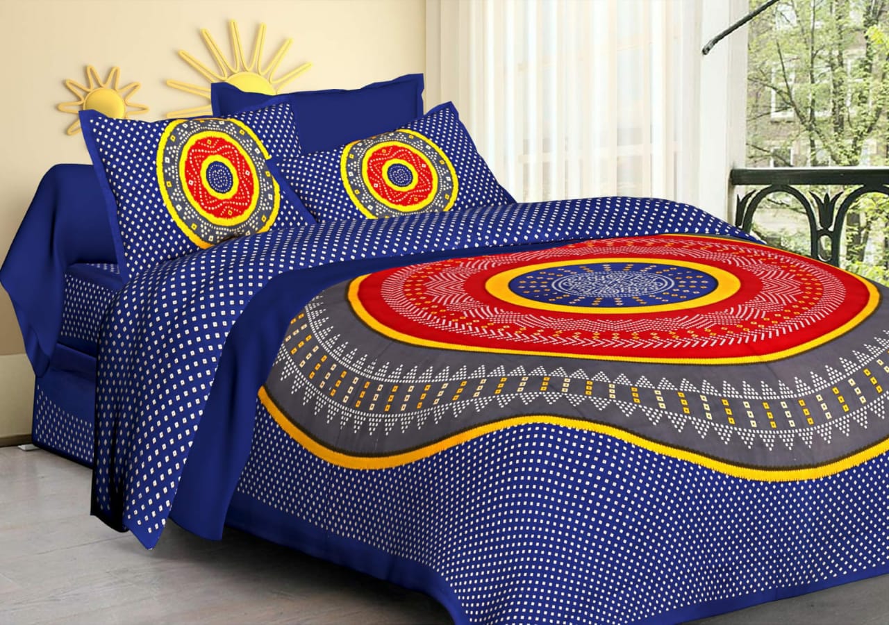 Jaipuri Screen Printed Cotton Double Bed Sheet with 2 Pillow Covers – 90x100 Size