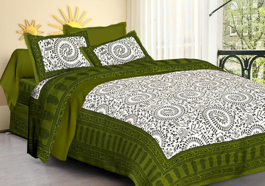 Jaipuri Screen Printed Cotton Double Bed Sheet with 2 Pillow Covers – 90x100 Size