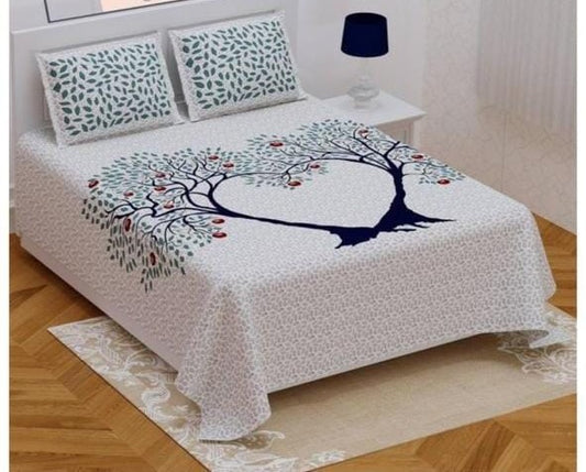 Jaipuri Screen Printed Cotton Double Bed Sheet with 2 Pillow Covers – 90x100 Size