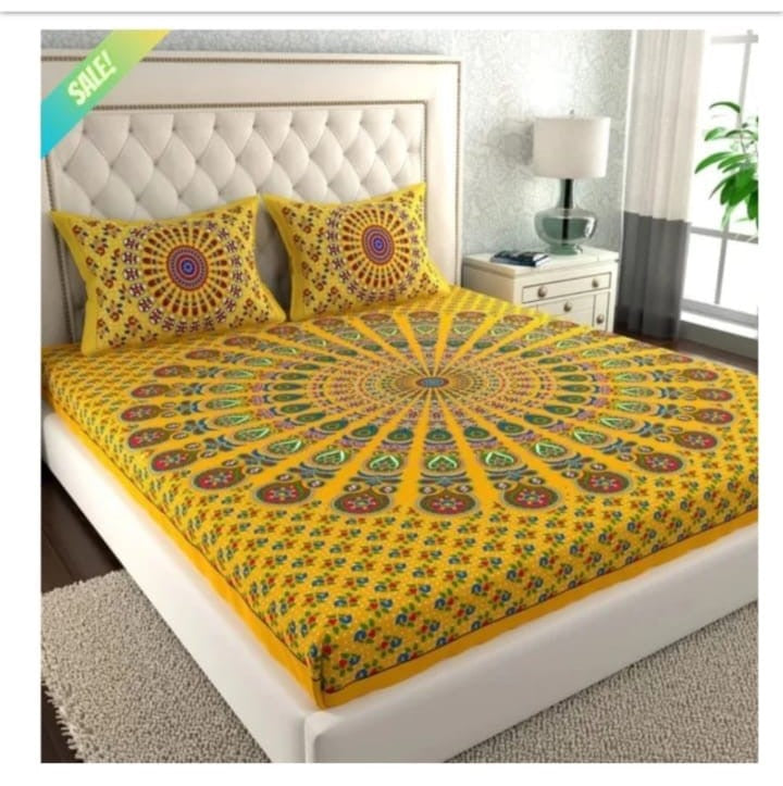 Jaipuri Screen Printed Cotton Double Bed Sheet with 2 Pillow Covers – 90x100 Size