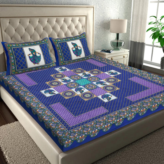 Jaipuri Screen Printed Cotton Double Bed Sheet with 2 Pillow Covers – 90x100 Size