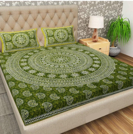 Jaipuri Screen Printed Cotton Double Bed Sheet with 2 Pillow Covers – 90x100 Size