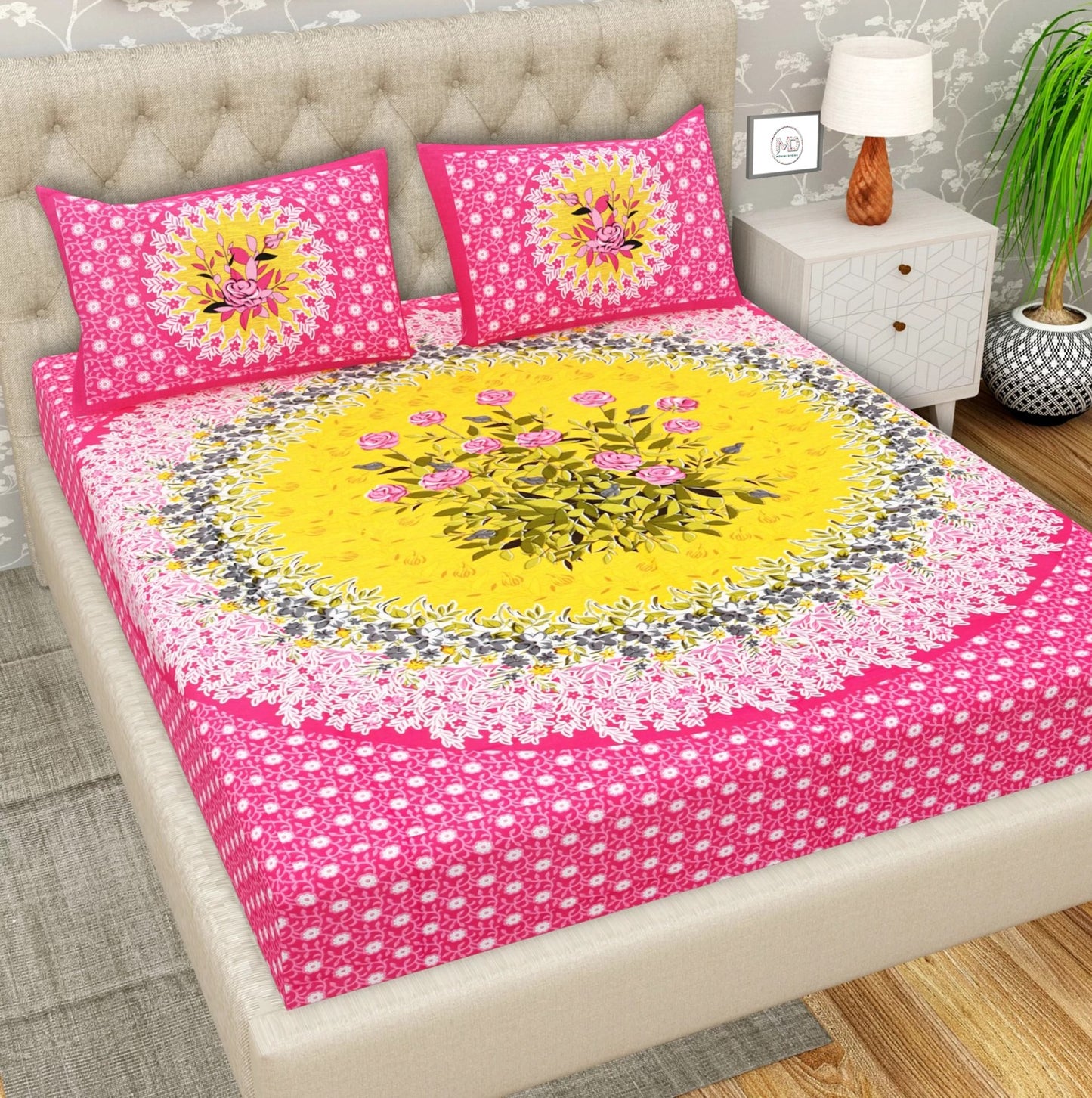 Jaipuri Screen Printed Cotton Double Bed Sheet with 2 Pillow Covers – 90x100 Size