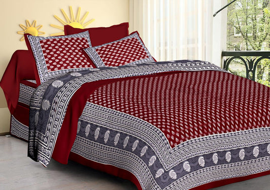 Jaipuri Screen Printed Cotton Double Bed Sheet with 2 Pillow Covers – 90x100 Size