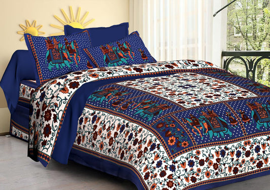 Jaipuri Screen Printed Cotton Double Bed Sheet with 2 Pillow Covers – 90x100 Size