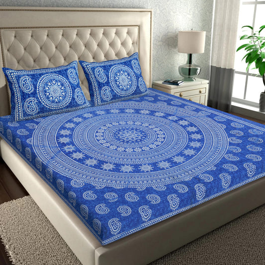 Jaipuri Screen Printed Cotton Double Bed Sheet with 2 Pillow Covers – 90x100 Size