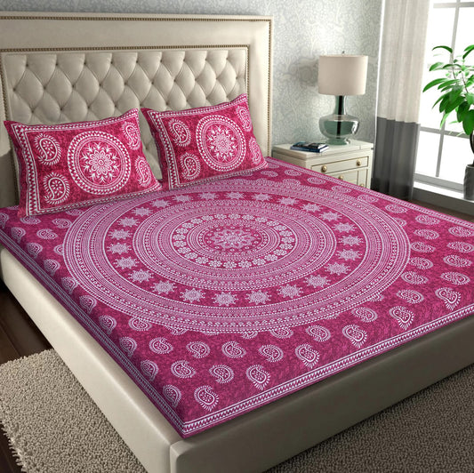 Jaipuri Screen Printed Cotton Double Bed Sheet with 2 Pillow Covers – 90x100 Size