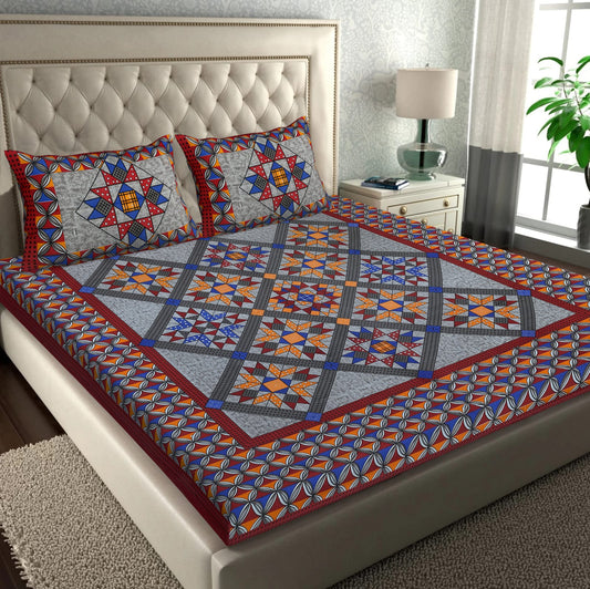 Jaipuri Screen Printed Cotton Double Bed Sheet with 2 Pillow Covers – 90x100 Size
