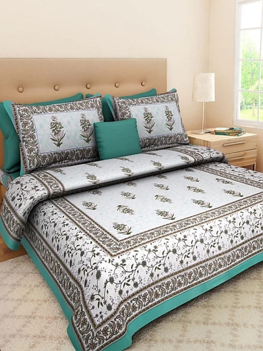 Jaipuri Screen Printed Cotton Double Bed Sheet with 2 Pillow Covers – 90x100 Size