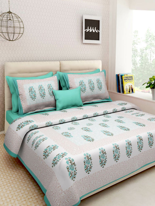 Jaipuri Screen Printed Cotton Double Bed Sheet with 2 Pillow Covers – 90x100 Size
