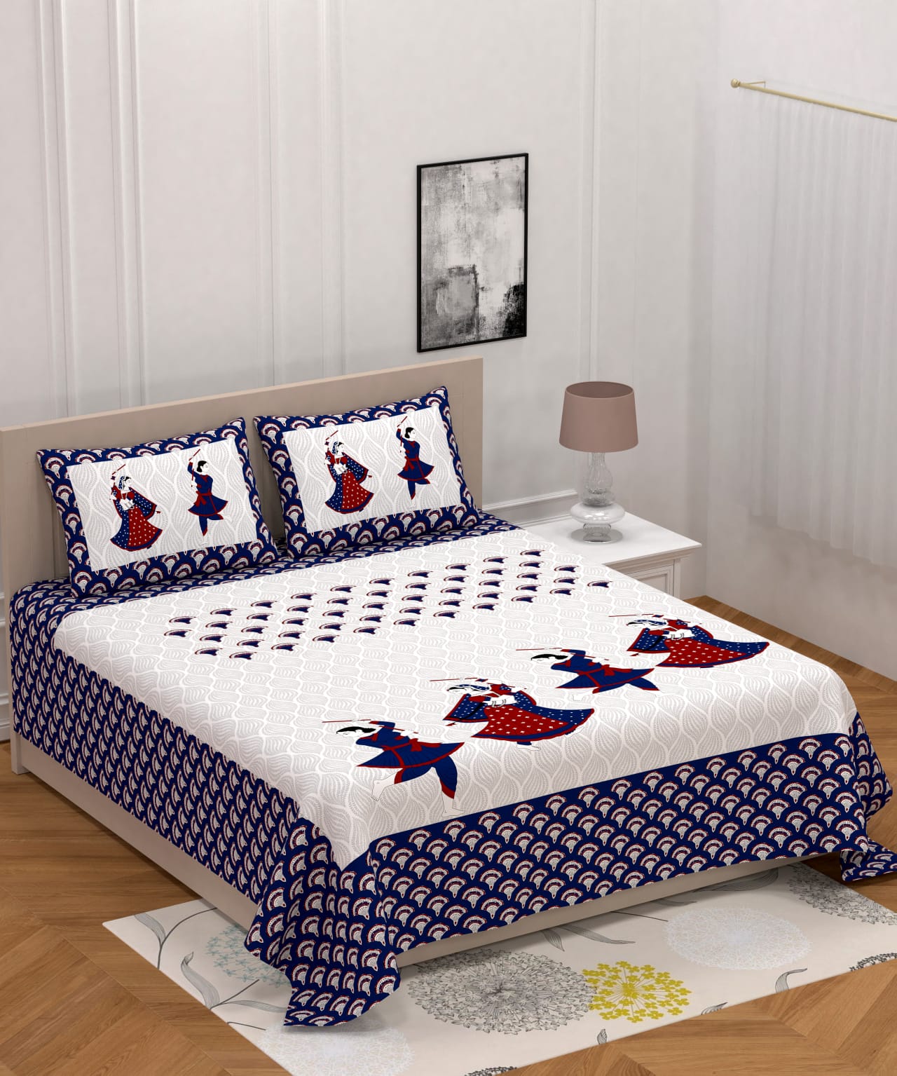 Jaipuri Screen Printed Cotton Double Bed Sheet with 2 Pillow Covers – 90x100 Size