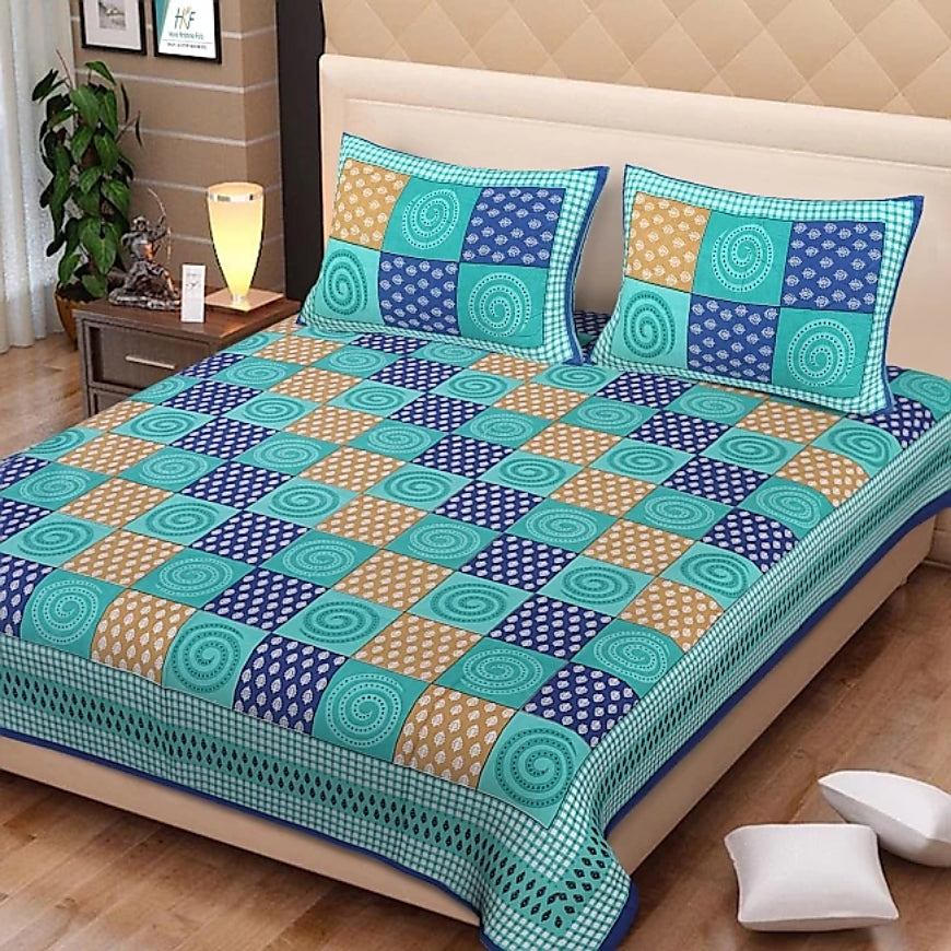 Jaipuri Screen Printed Cotton Double Bed Sheet with 2 Pillow Covers – 90x100 Size