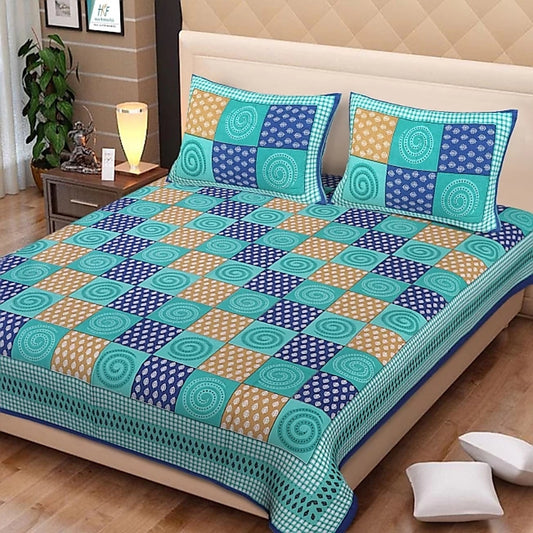Jaipuri Screen Printed Cotton Double Bed Sheet with 2 Pillow Covers – 90x100 Size