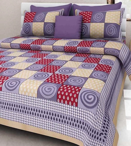 Jaipuri Screen Printed Cotton Double Bed Sheet with 2 Pillow Covers – 90x100 Size