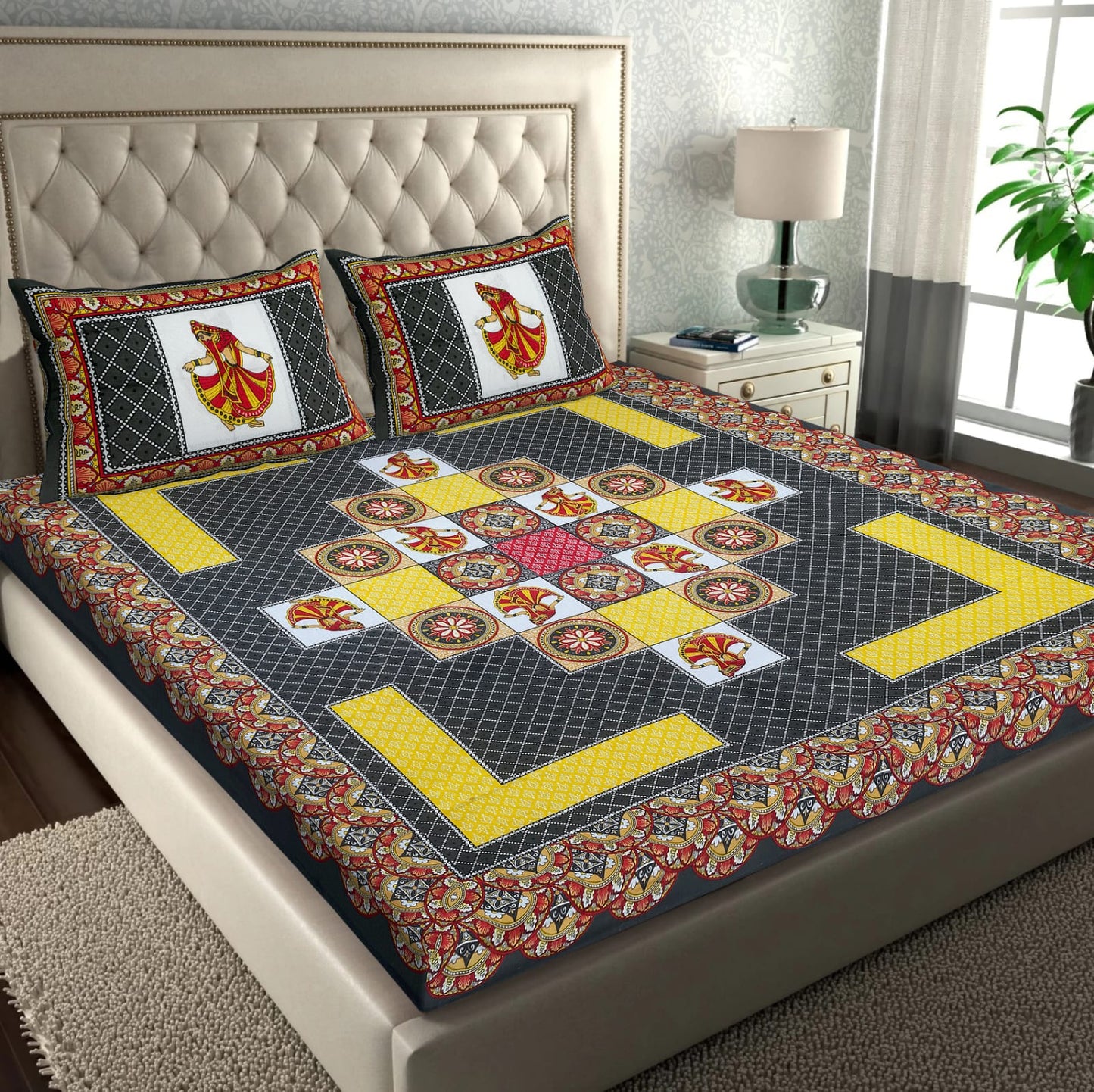 Jaipuri Screen Printed Cotton Double Bed Sheet with 2 Pillow Covers – 90x100 Size