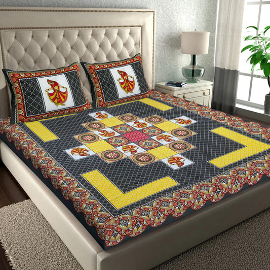 Jaipuri Screen Printed Cotton Double Bed Sheet with 2 Pillow Covers – 90x100 Size