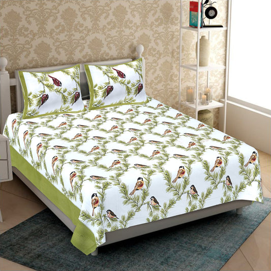 Jaipuri Screen Printed Cotton Double Bed Sheet with 2 Pillow Covers – 90x100 Size