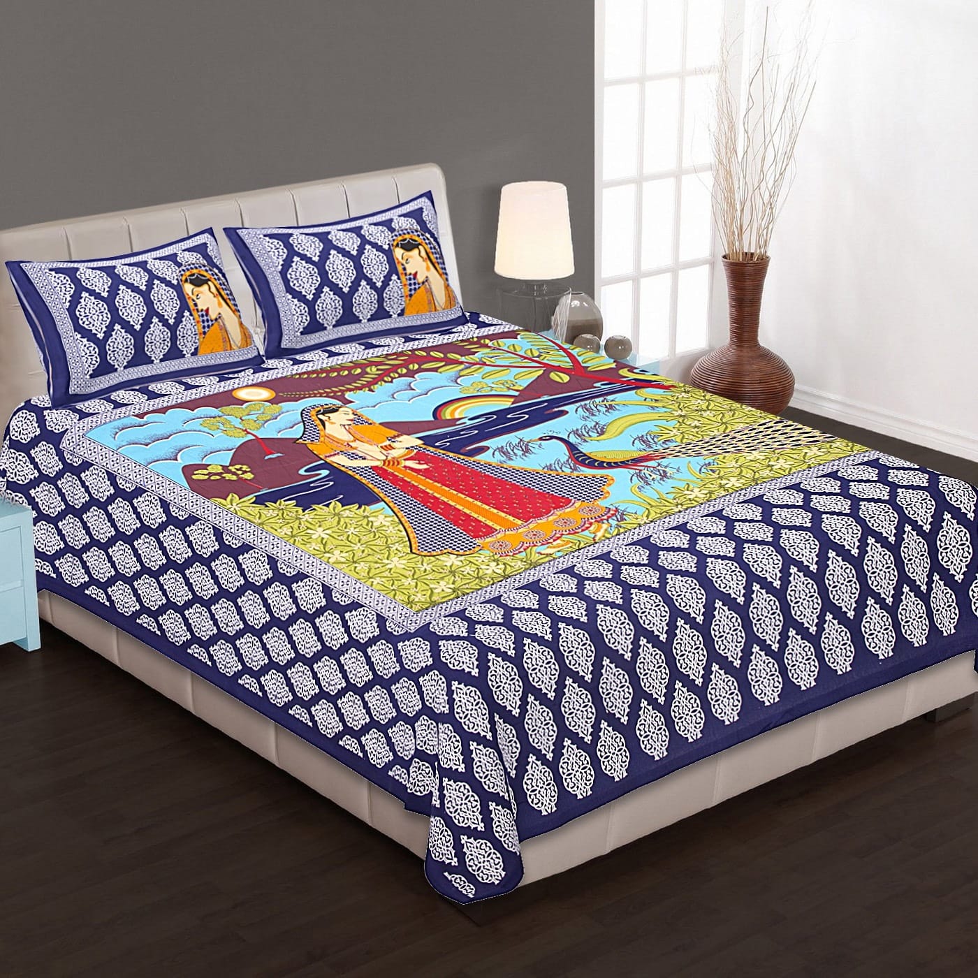 Jaipuri Screen Printed Cotton Double Bed Sheet with 2 Pillow Covers – 90x100 Size