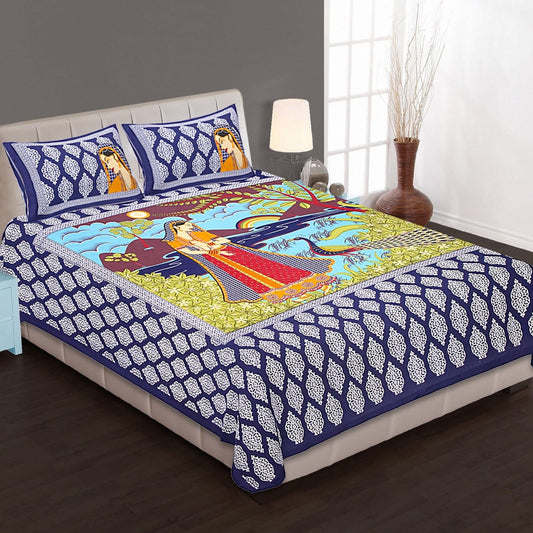 Jaipuri Screen Printed Cotton Double Bed Sheet with 2 Pillow Covers – 90x100 Size