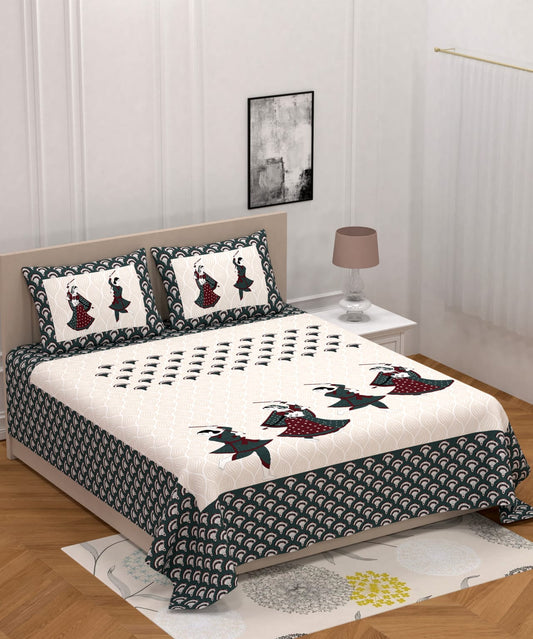 Jaipuri Screen Printed Cotton Double Bed Sheet with 2 Pillow Covers – 90x100 Size