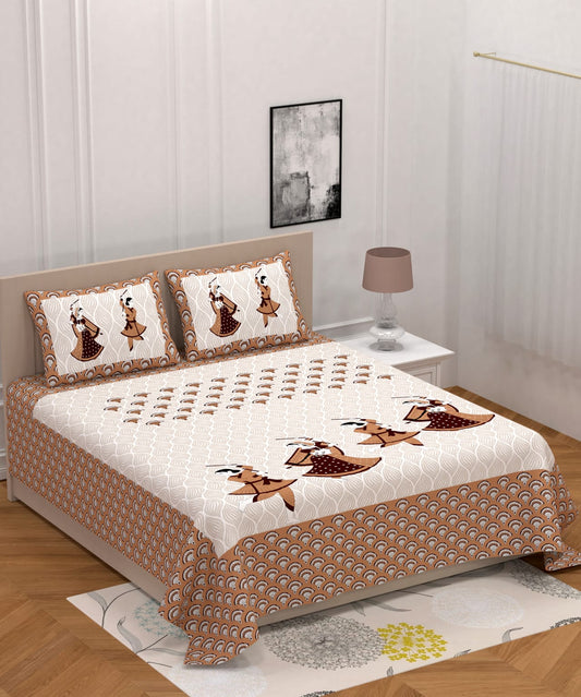 Jaipuri Screen Printed Cotton Double Bed Sheet with 2 Pillow Covers – 90x100 Size