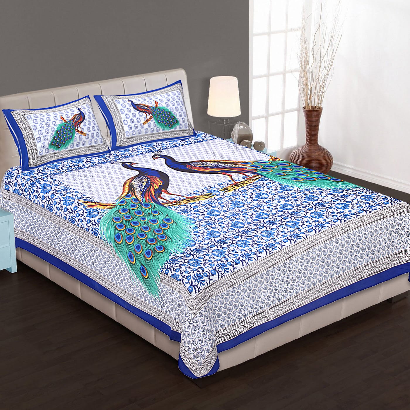 Jaipuri Screen Printed Cotton Double Bed Sheet with 2 Pillow Covers – 90x100 Size