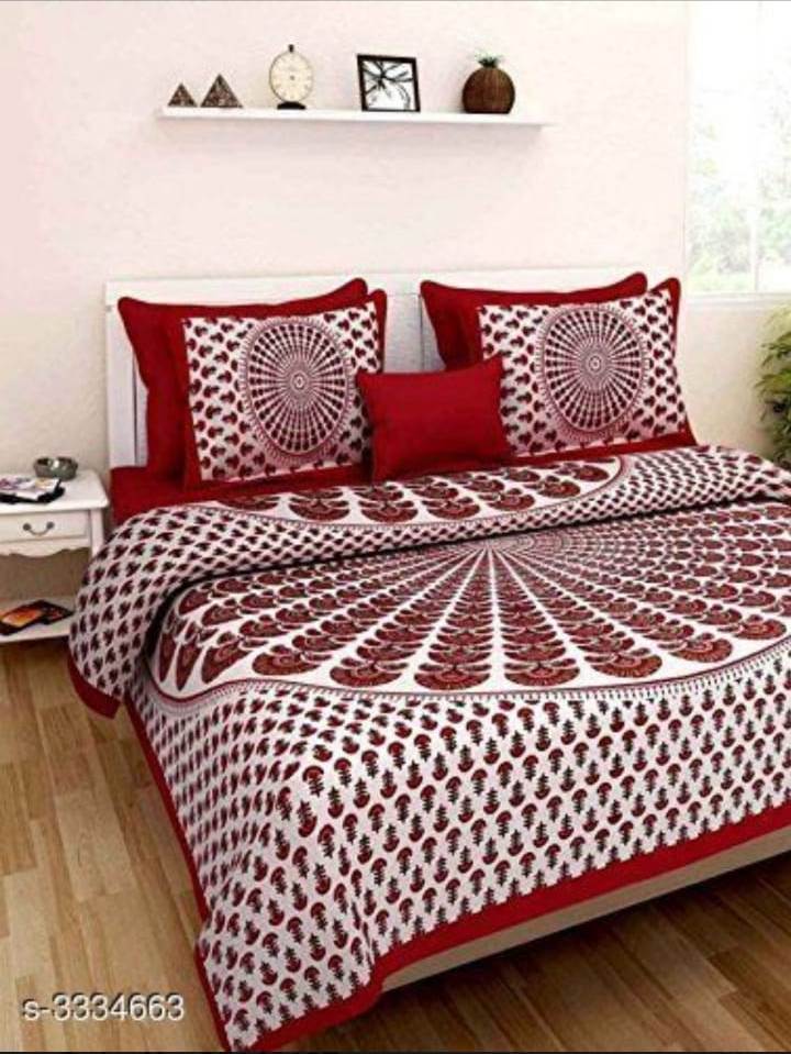 Jaipuri Screen Printed Cotton Double Bed Sheet with 2 Pillow Covers – 90x100 Size