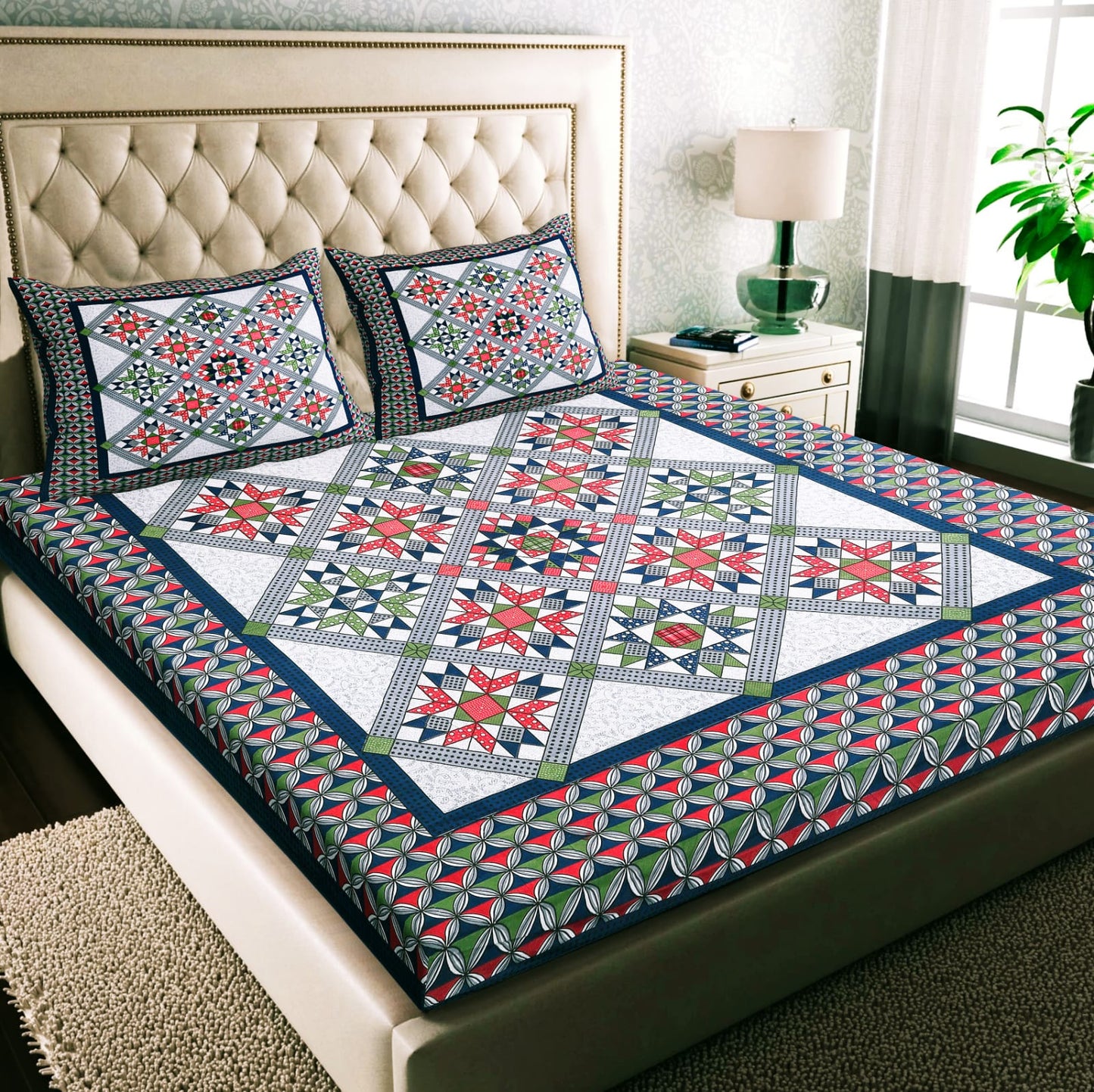 Jaipuri Screen Printed Cotton Double Bed Sheet with 2 Pillow Covers – 90x100 Size