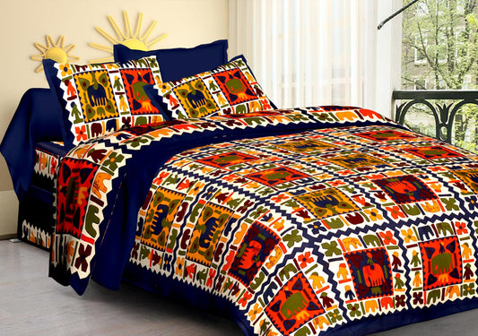 Jaipuri Screen Printed Cotton Double Bed Sheet with 2 Pillow Covers – 90x100 Size