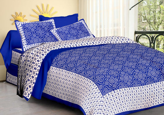 Jaipuri Screen Printed Cotton Double Bed Sheet with 2 Pillow Covers – 90x100 Size
