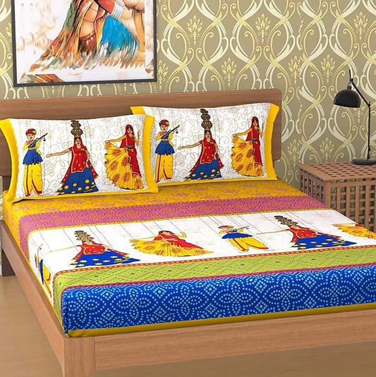 Jaipuri Screen Printed Cotton Double Bed Sheet with 2 Pillow Covers – 90x100 Size