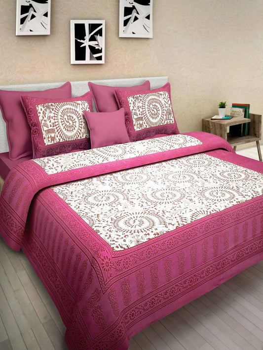 Jaipuri Screen Printed Cotton Double Bed Sheet with 2 Pillow Covers – 90x100 Size