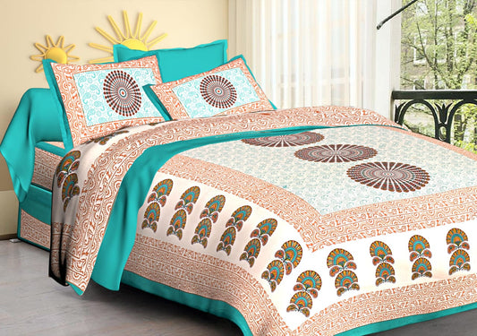 Jaipuri Screen Printed Cotton Double Bed Sheet with 2 Pillow Covers – 90x100 Size