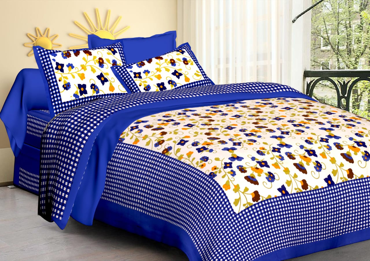 Jaipuri Screen Printed Cotton Double Bed Sheet with 2 Pillow Covers – 90x100 Size