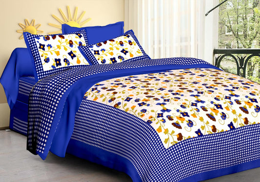 Jaipuri Screen Printed Cotton Double Bed Sheet with 2 Pillow Covers – 90x100 Size
