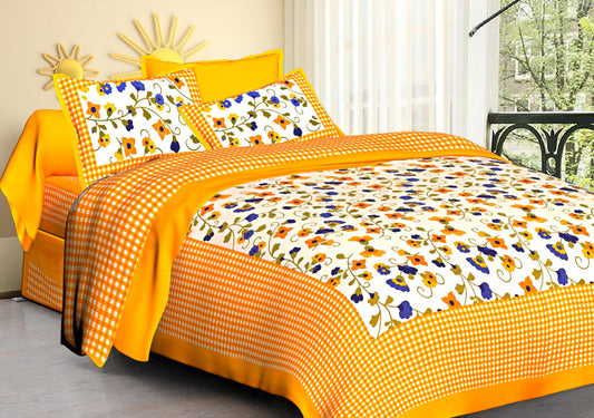Jaipuri Screen Printed Cotton Double Bed Sheet with 2 Pillow Covers – 90x100 Size