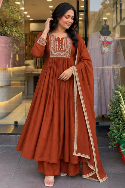 Jewel-Tone Mul Chanderi Embroidered Flared Anarkali Suit Set