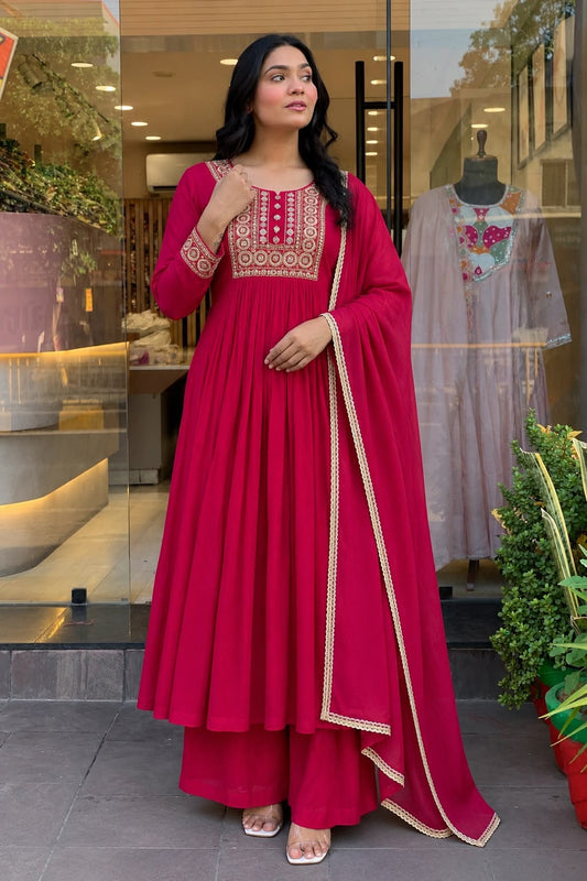 Jewel Tone Mul Chanderi Embroidered Flared Anarkali Suit Set