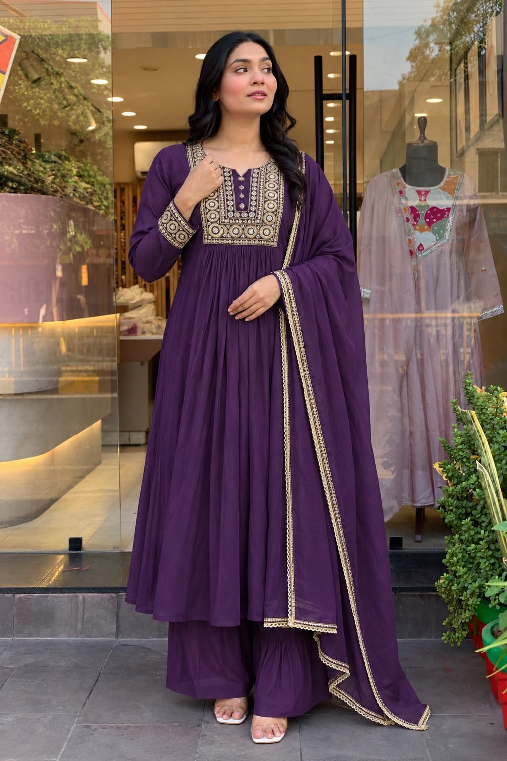 Jewel Tone Mul Chanderi Embroidered Flared Anarkali Suit Set