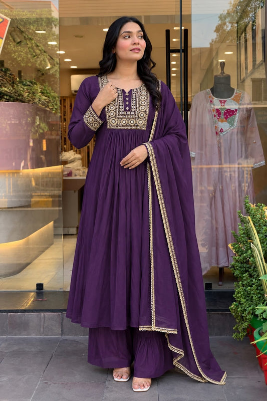 Jewel Tone Mul Chanderi Embroidered Flared Anarkali Suit Set