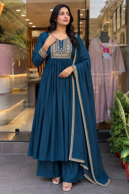 Jewel Tone Mul Chanderi Embroidered Flared Anarkali Suit Set